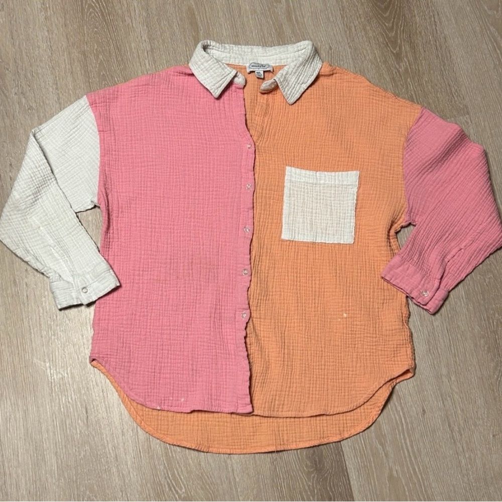 Mudpie Textured Oversized Multicolored Button Down Collared Shirt